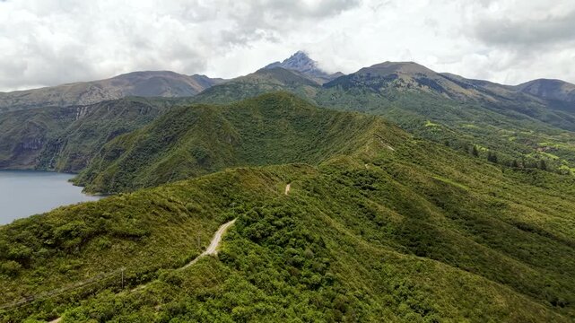 Cinematic Aerial View of Laguna Cuicocha with Cotacachi Volcano in Ecuador