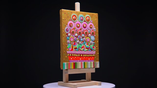 Gallery display of unique style art works set hand made by artist. Floral still life with flowers blooming and petals made of acrylic paint circles shapes and forms with petals. Collage on canvas.