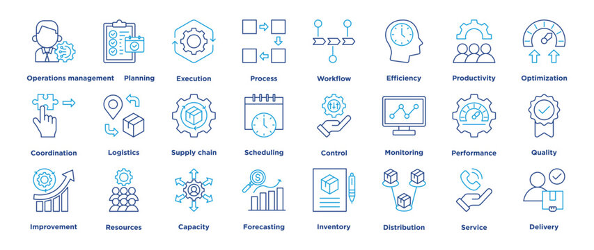 operations management icon set featuring planning, execution, process, workflow, efficiency, productivity, optimization, coordination, logistics. line editable