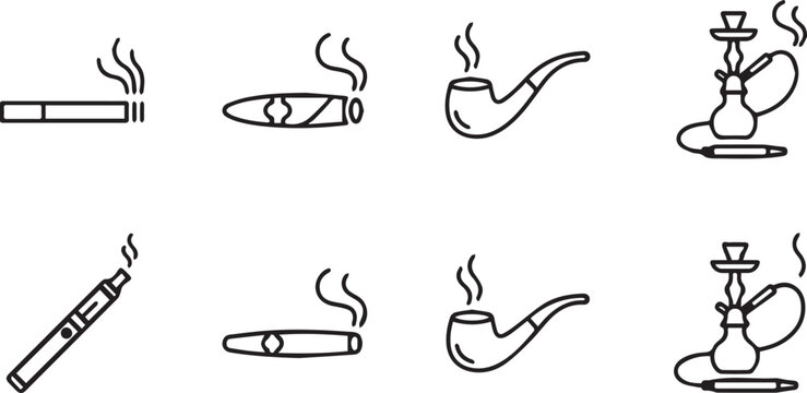 A comprehensive grid of eight black outline icons illustrating various smoking products and associated items, including cigarettes, cigars, pipes, and hookahs.
