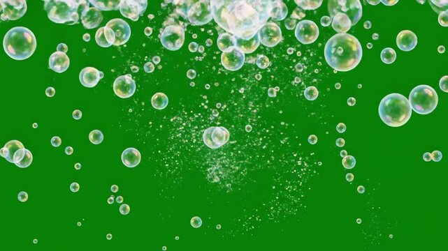 Close-up of numerous clear bubbles floating on a vibrant green liquid with a shallow depth of field.