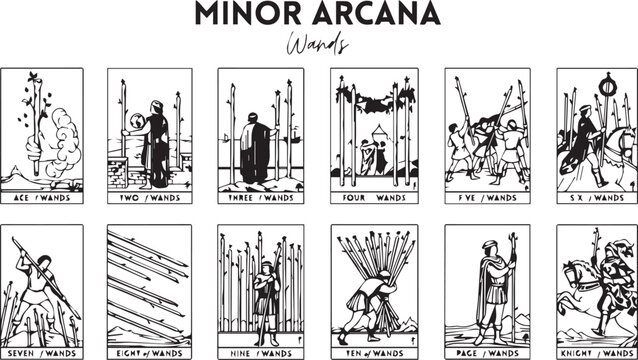 A comprehensive collection of 12 black and white Minor Arcana Wands tarot cards is meticulously arranged, showcasing detailed traditional illustrations for spiritual guidance and divination.
