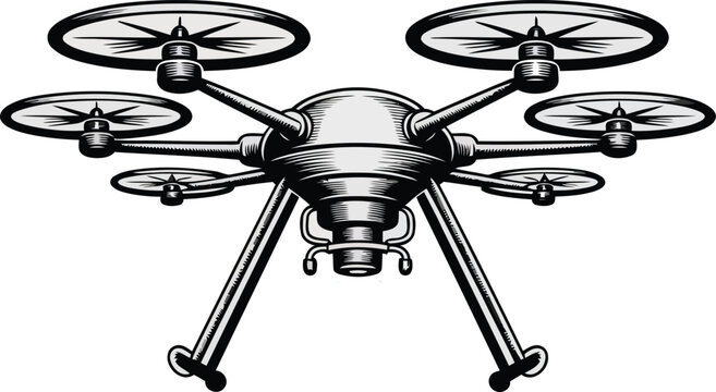 Detailed black and white engraving of a hexacopter drone with six rotors and a central body, featuring a mounted camera.