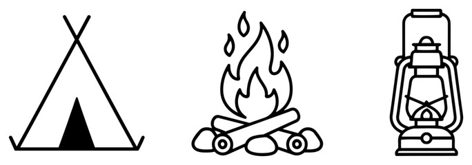 Teepee tent campfire and oil lantern camping icons in clean line art style © Logan