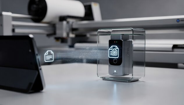 Focused medium view of a digital file being sent wirelessly to a micro print hub showcasing interactive screens and a blurred printer spool in the background.