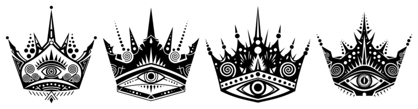 Crowns with mystical eyes and occult symbols in black and white line art style