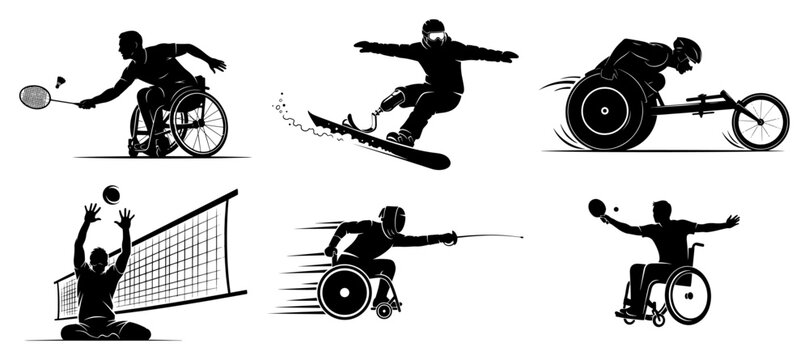 Para-athletes set showing various wheelchair sports and adaptive athletics in black silhouette style