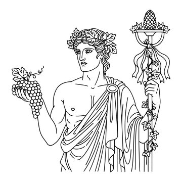 Dionysus Greek god holding grapes and thyrsus staff in classical line art style