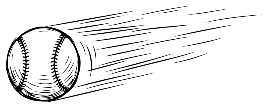 Baseball flying through air with motion lines representing speed in hand drawn sketch style