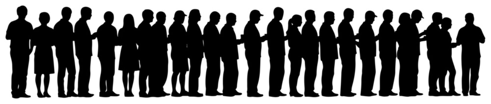 People standing in a long queue waiting in line in silhouette style