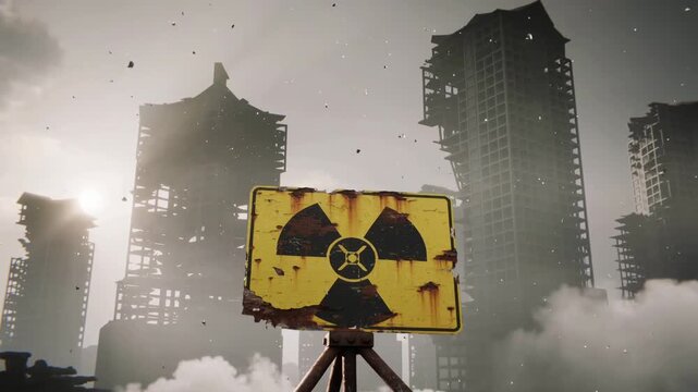 Radiation warning sign in front of destroyed city buildings, eye level shot