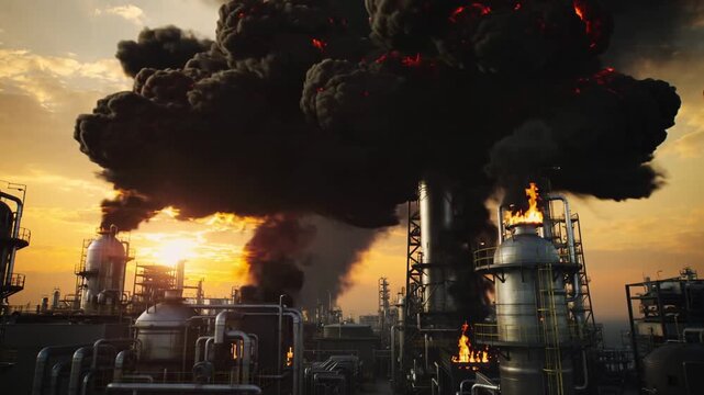 Oil refinery explosion with fire and thick black smoke billowing from industrial towers at sunset