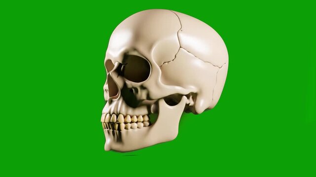 A realistic 3D human skull in a beige tone, performing a smooth 360-degree rotation. Isolated on a green screen for versatile chroma key compositing in medical, historical, or dramatic video content.