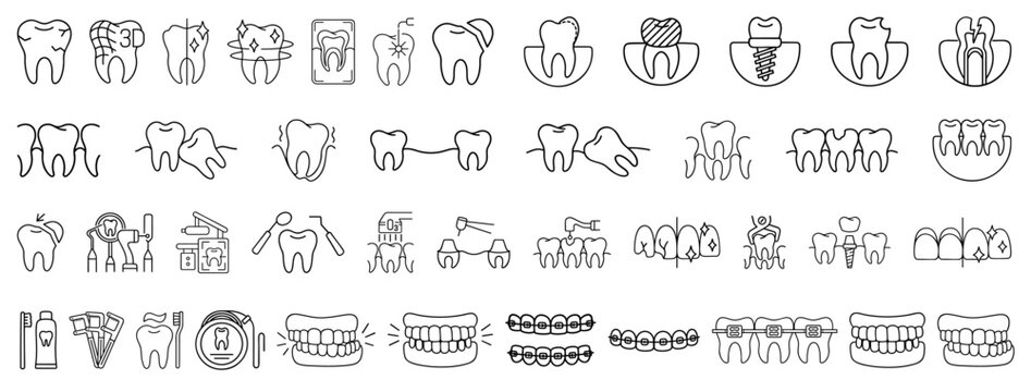 Dental line icon set tooth dentist clinic symbols oral care treatment caries drilling implant braces orthodontics prosthetics hygiene medical icons collection
