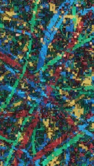 Fototapeta premium Colorful abstract art showing glitching pixels and lines, creating a chaotic digital effect representing a technical issue with corrupted data and signal interference