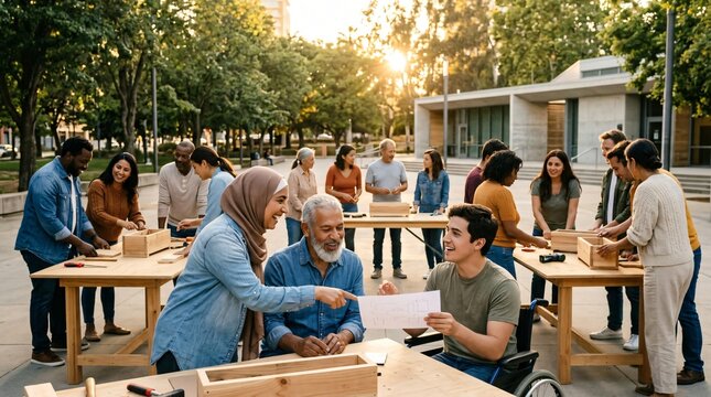 a group of people standing around a table