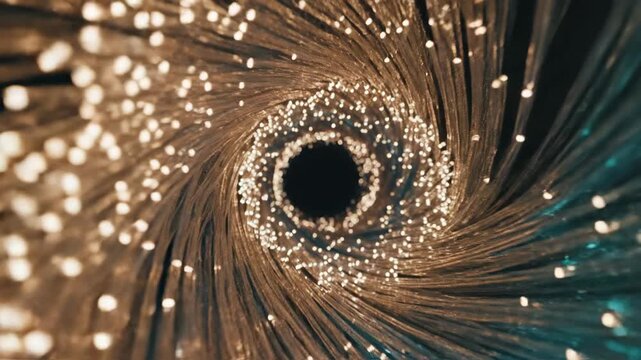 Macro zoom through an abstract tunnel of glowing fiber optic cables