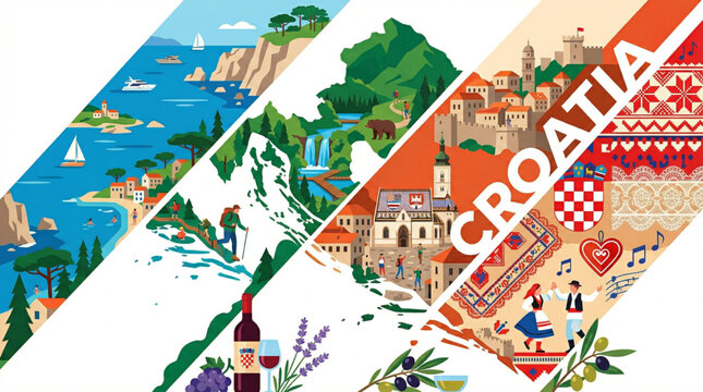 Croatia travel composition with landmarks and cultural elements