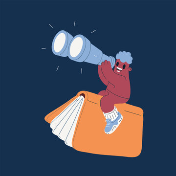Cartoon vector illustration of character flying on book holding binoculars, adventure and exploration concept
