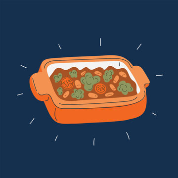 Cartoon vector illustration of baked food in baking dish, cooking and meal preparation concept