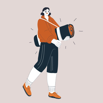 Cartoon vector illustration of woman going to workout with yoga mat, fitness and healthy lifestyle concept