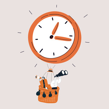 Cartoon vector illustration of people flying with binoculars and megaphone in clock balloon, time management and urgency concept
