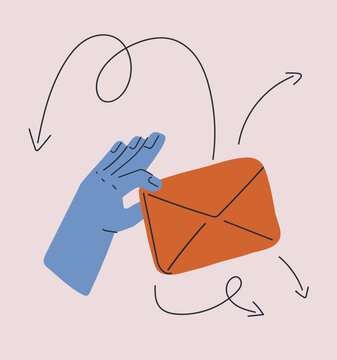 Cartoon vector illustration of hand sharing ideas through envelope, communication and creative exchange concept