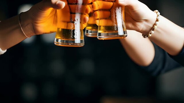Friends clinking three cold glasses filled with golden beer to celebrate a joyful night together at the local pub while holding drinks high in a festive toast