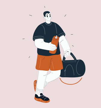 Cartoon vector illustration of man walking with water bottle and gym bag to workout, fitness and active lifestyle concept