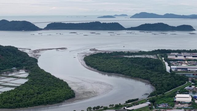 Aerial Juru Mangrove Estuary River Bend with Coastal Bridge