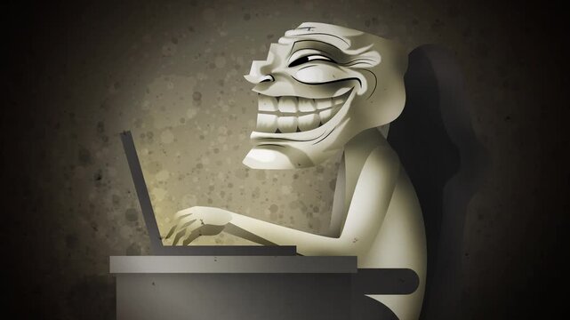 troll face meme character using computer and laughing maniacally with mischievous expression
