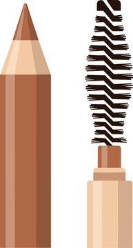 A brown eyebrow pencil and spoolie on transparent background for makeup