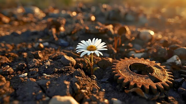 Delicate white daisy flower growing from rusted metal gears and shrapnel