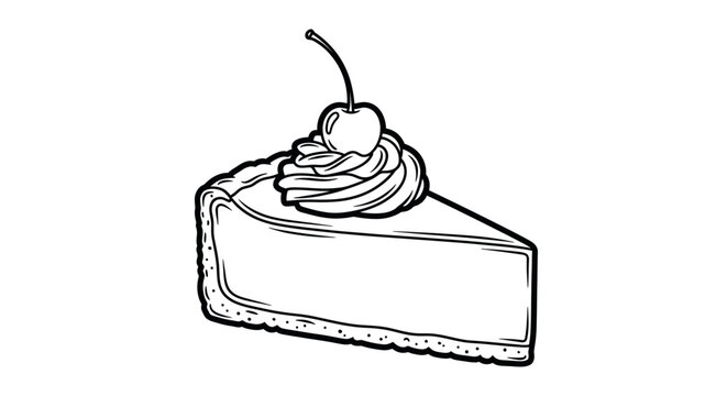 Hand-drawn slice of cheesecake with cherry and whipped cream, black and white sketch