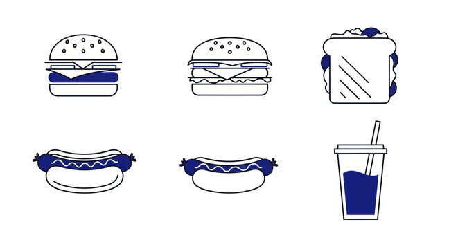 Fast Food Icons: Burgers, Hot Dogs, Sandwich, and Drink - Flat Design