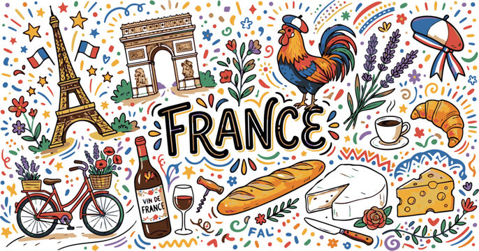 A charming and richly detailed hand-drawn doodle illustration representing the cultural landmarks and culinary delights of France, featuring the Eiffel Tower, cheese, wine, and a rooster.