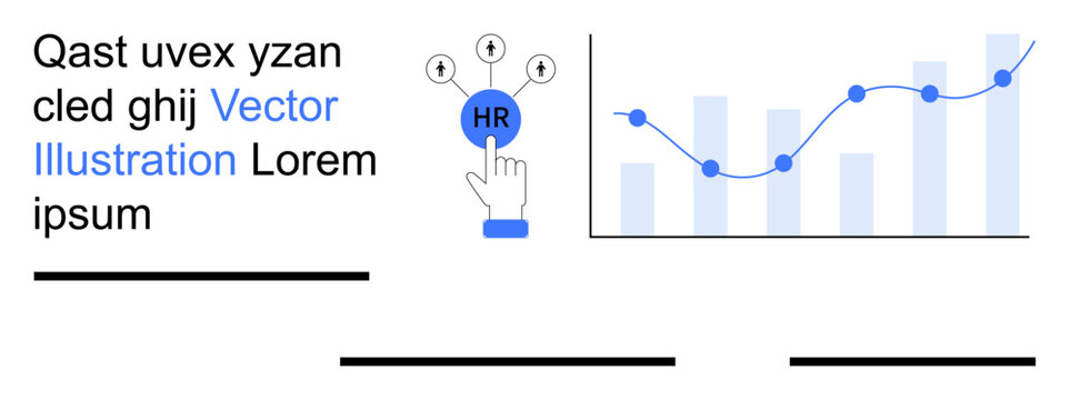 Human resources, data analysis, workforce management, business strategy, HR analytics, performance tracking. Bar graph with rising data and HR interaction button. HR analytics and data analysis