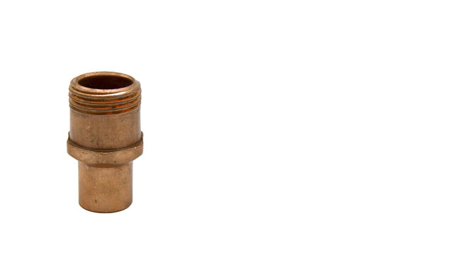 a defected male threaded copper reducer. the treads were never finished isolated on a transparent background 