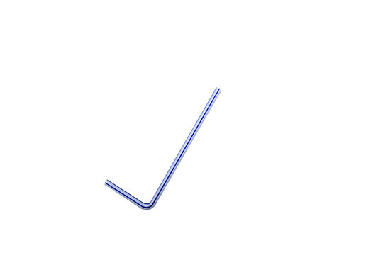 a plastic flex straw with a blue stripe bent to a check mark on a transparent background 