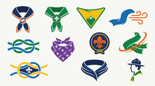 Collection of Scout neckerchiefs, knots, and emblems representing scouting traditions and symbols.