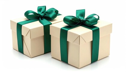 Fototapeta premium Two elegant ivory gift boxes wrapped with emerald green ribbon and bow isolated against a clean white background for celebrations and special occasions