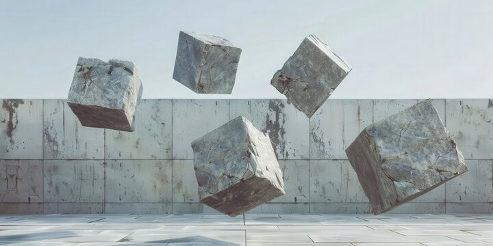 Five stone cubes levitating in a surreal, minimalist concrete environment