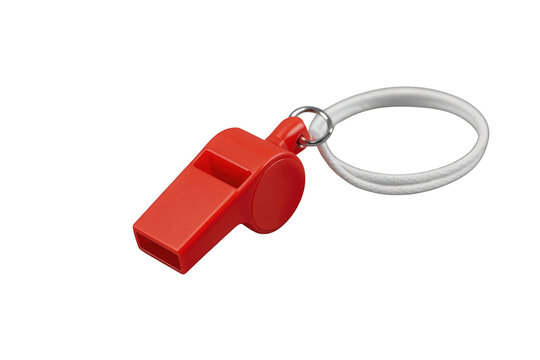 Red plastic whistle with lanyard, symbolizing sports officiating, coaches, safety, emergency signals, and calls for attention
