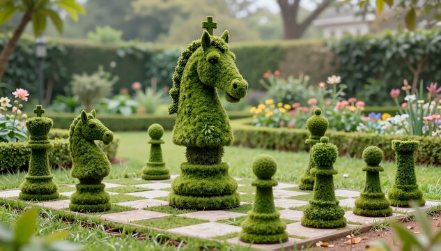 Topiary chess pieces in a lush garden setting with vibrant flowers