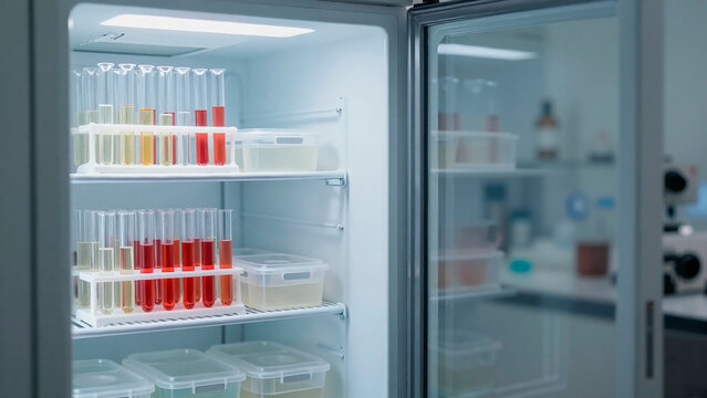 Laboratory test tubes and containers in a refrigerated display case