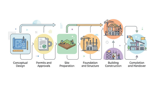 House Construction Process Stages Infographic. Workflow from Conceptual Design, Permits, Site Prep, Foundation, to Building Completion and Handover. Vector Illustration.
