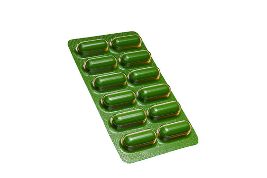 green pills in a green blister pack, transparent background
