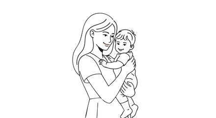 Naklejka premium Loving mother holding her happy baby. Minimalist black and white line art illustration of a tender family moment
