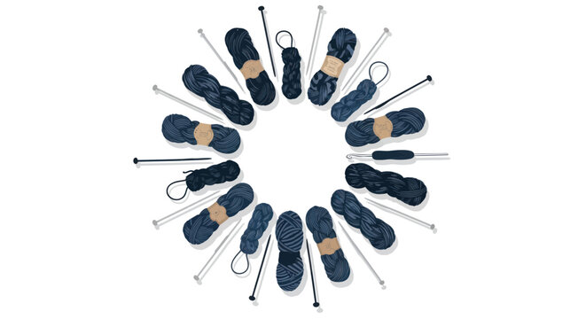 Knitting Supplies Arranged in Circle: Yarn Balls, Needles, Crochet Hook