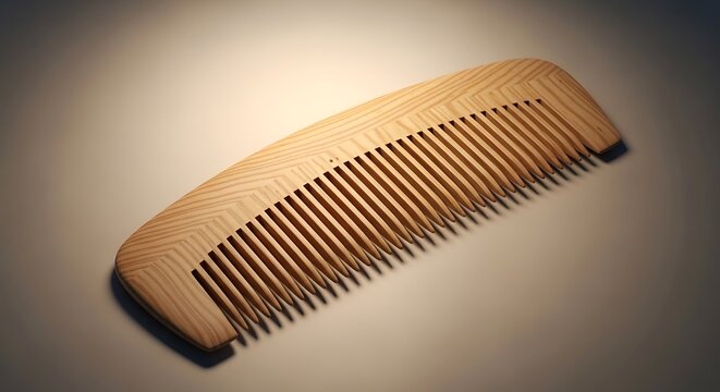 A close-up view of a wooden comb on a plain background